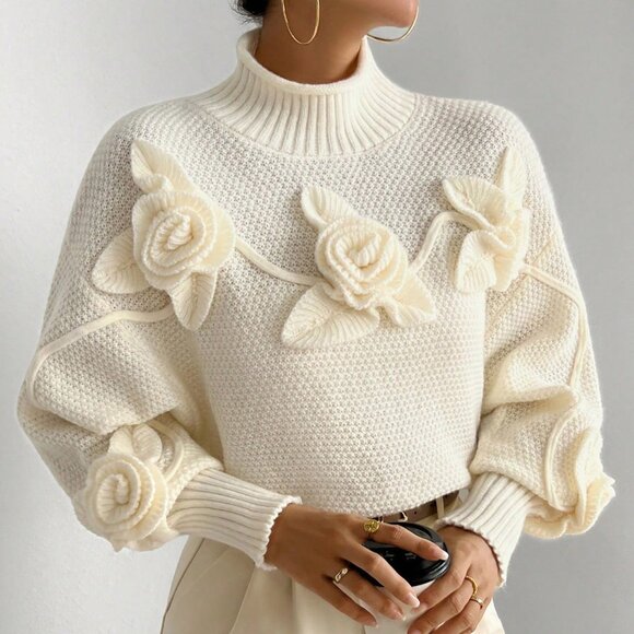 Apricot Casual Women's Loose Floral Print Turtleneck Pullover Sweater - Picture 5 of 9